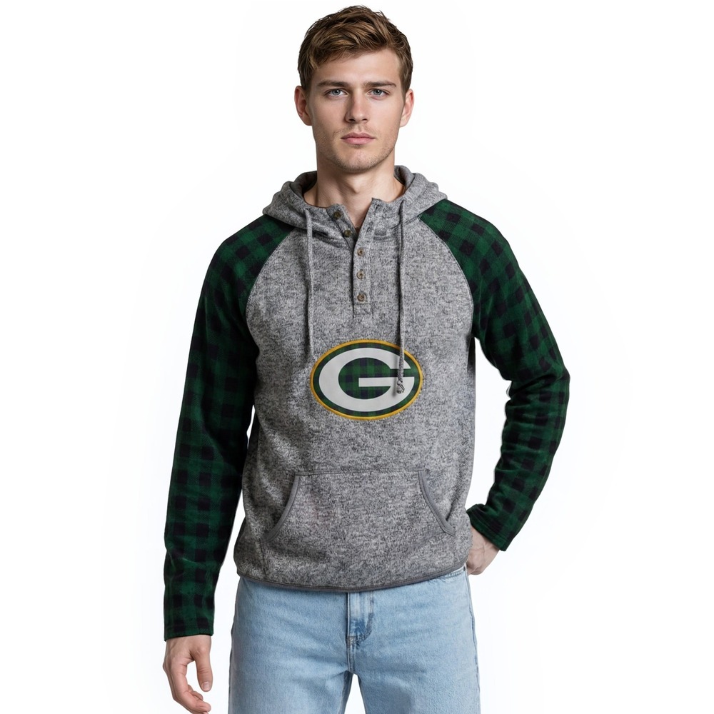 Green Bay Packers Hoodie Men's Size Large Grey Marl Plaid Henley Sweatshirt Top
